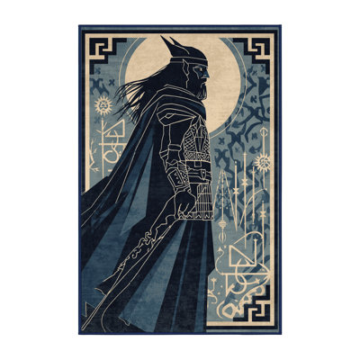 Machine Washable Orrville Seer Warrior Global Inspired Block Print Rug in Gray – Navy Binding