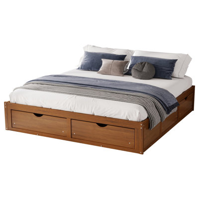 King Size Platform Bed with 6 Storage Drawers,Pine Wood Storage Bed