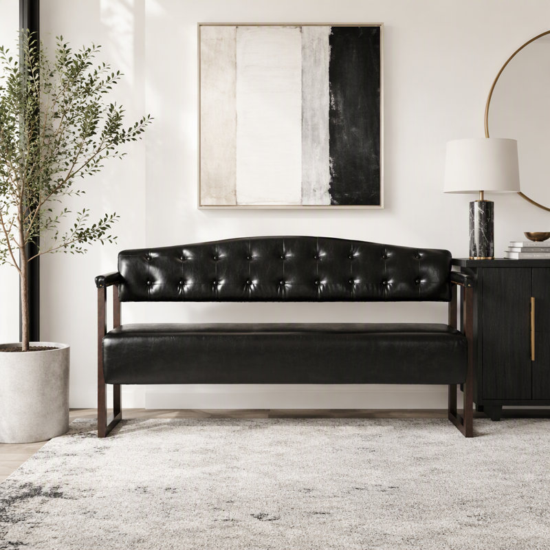 Banc de pièce, canapé de réception moderne de style Mid-Century 57,83 po avec dossier capitonné et garniture cloutée, Noir