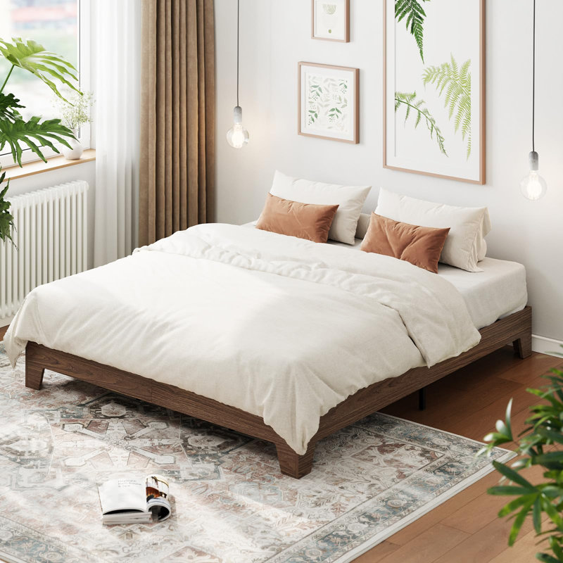 King Natural Wood Platform Bed Frame with Strong Slats, Minimalist Design, No Box Spring Needed, Brown, King