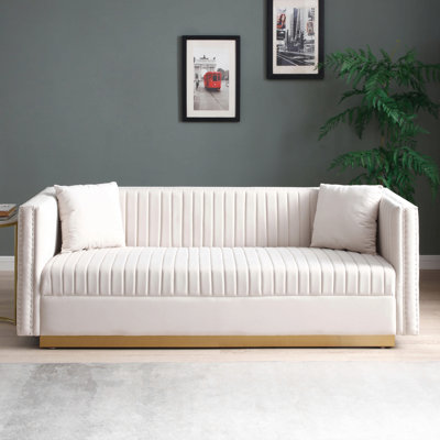 Contemporary Vertical Channel Tufted Velvet Sofa  Modern Upholstered Couch For Living Room Apartment With 2 Pillows