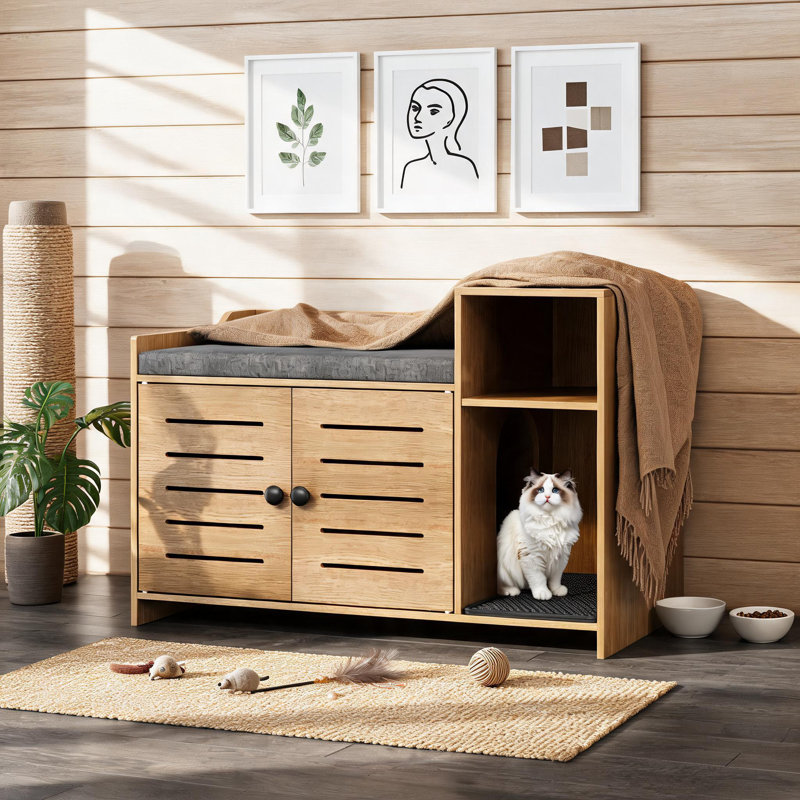 Bac à litière pour chat de style campagnard de 86 cm (33,8 po) avec griffoir et tablette de rangement, Natural