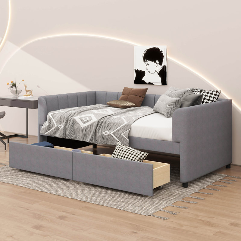 Twin-Size Padded Daybed With Ergonomic Backrest And Dual Storage Drawers, Gray