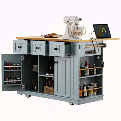 Grand îlot de cuisine de 53 pouces avec rallonge, prise de courant, support de rangement interne pour porte, chariot de cuisine sur roulettes sur 5 roulettes avec 5 supports latéraux ouverts pour la cuisine, la salle à manger (n'inclut pas les tabourets de bar)