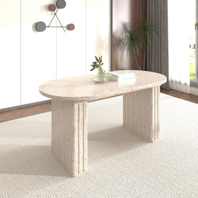 Kitchen Extendable Dining Table For 4-8 People, Oval Kitchen Table With Wooden Strip Base For Family Living Room (Travertine Inspired )