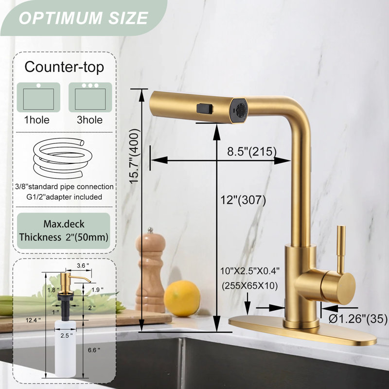 13.5 In. Single Handle Waterfall Pull Down Sprayer Kitchen Faucet With Soap Dispenser In Brushed Gold