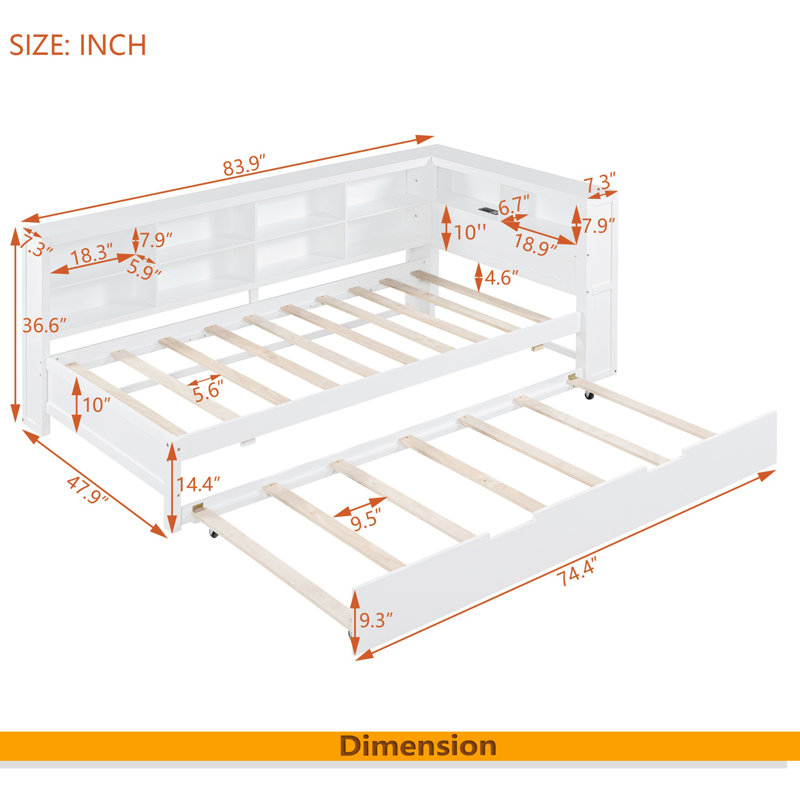 Daybed With Storage Shelf And USB Charging Ports, Twin, White