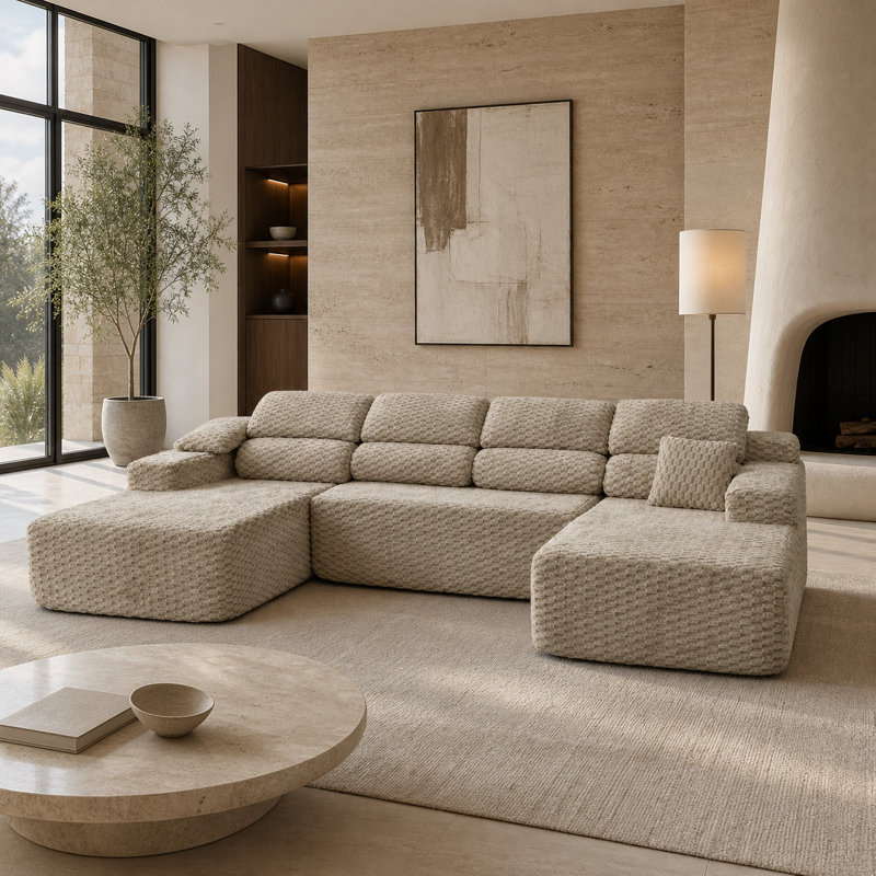 Canapé modulaire en U moelleux en forme de U de 137,8 po avec coussins double couche, Cream Flannel