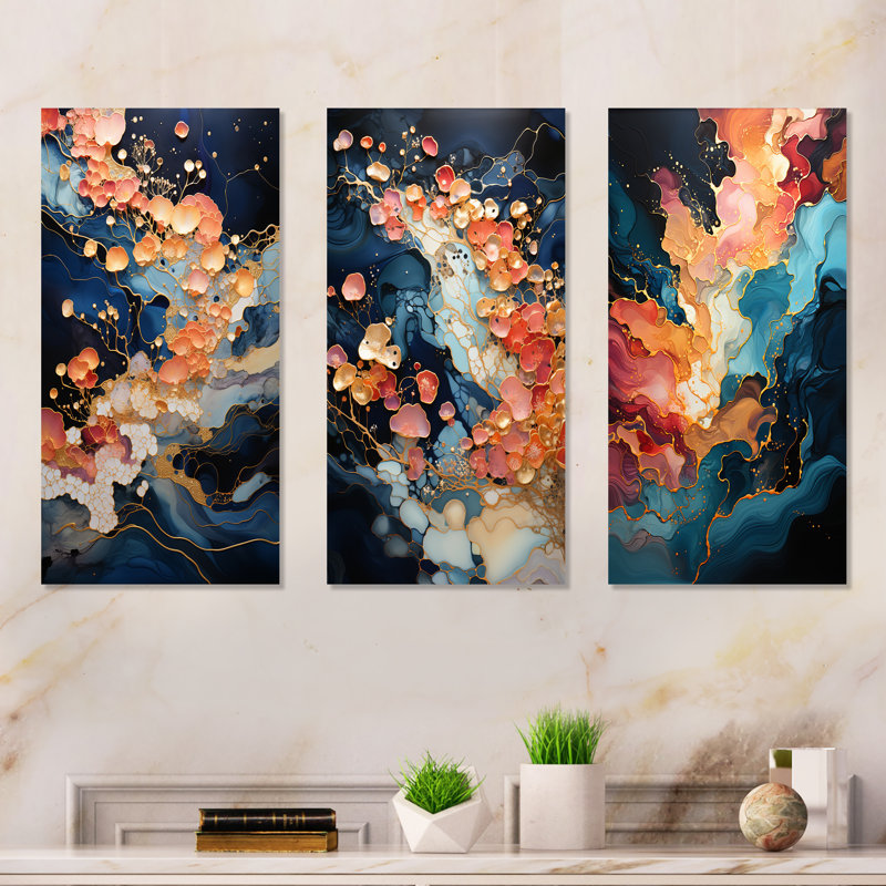 Rose et bleu tourbillonnant, peinture fluide I - ensemble de 3 reproductions de peintures abstraites, H 32 po x l 48 po