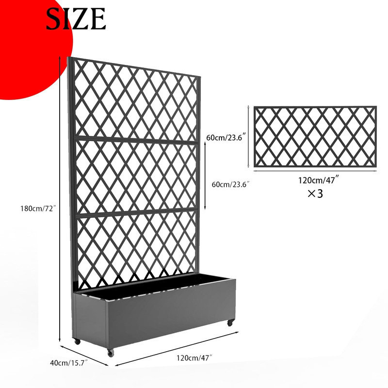 72" x 47" x 16" Heavy-Duty Raised Garden Bed on Wheels with Trellis & Drainage Holes, 72" H x 47" W x 15.7" D