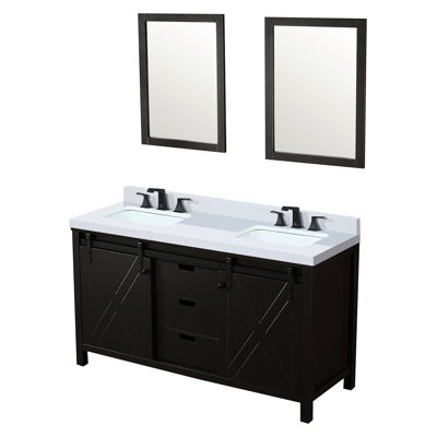 Meuble-lavabo double brun, 60 po L 22 po x P, comptoir en quartz blanc, robinet, 24 miroirs de salle de bain brun, comptoir, excellent