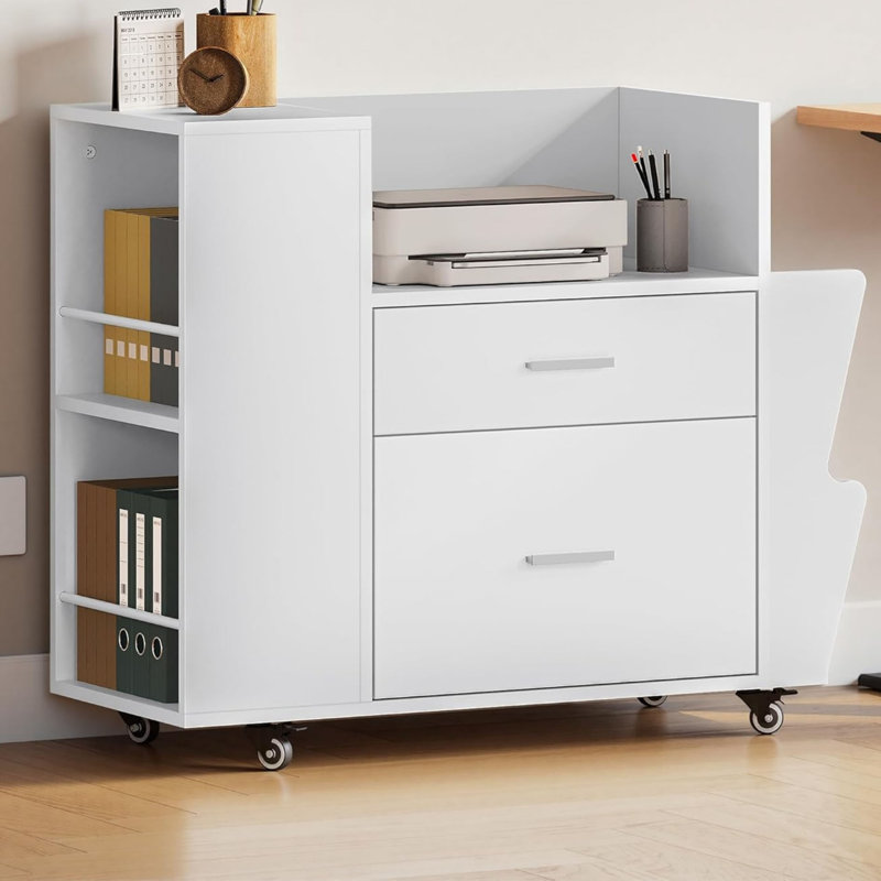 White Rolling Filing Cabinet with Side Racks and 4 Wheels for A4/Letter Documents