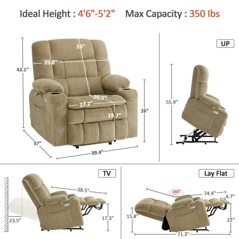 Small Dual Motor Power Recliner Lift Chair Infinite Position, Heat and Vibration Massage, Fabric, Beige