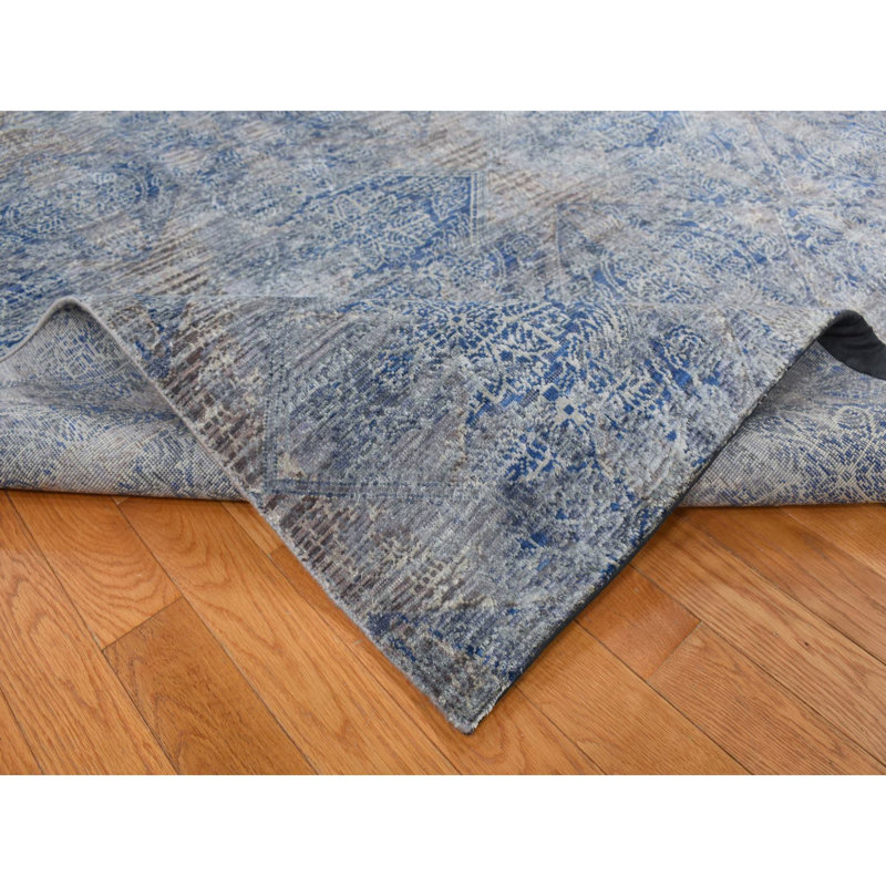Tapis gris en laine et soie noué à la main 9 pi x 12 pi à motif de loup cassé 021E01EE9159481F93B084ABC1F8BA91