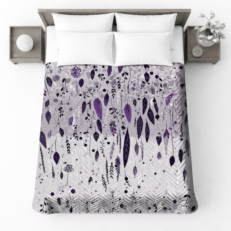 Purple Leaves And Dots Quilted Bedspread All Sizes, Twin