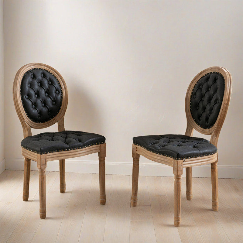 Chaise d'appoint rembourrée capitonnée 19,71 "avec garniture cloutée et dossier très grand Louis, ensemble de 2, Noir