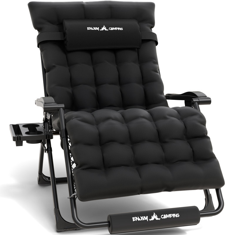 Oversized 33In XXL Zero Gravity Chair Folding Patio Lounge Chair with Cushion and Cup holder, Black, 45" H x 33" W x 30" D