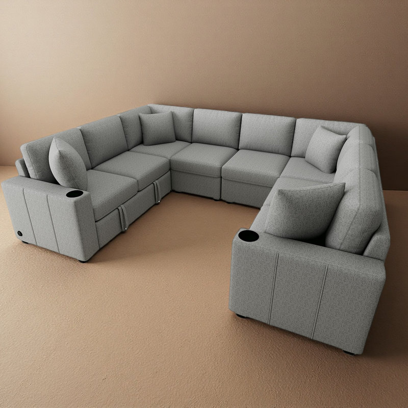 Canapé-lit modulaire en U 108,7 po avec ports USB et porte-gobelets - Canapé-lit moelleux en chenille avec 4 coussins décoratifs pour le salon