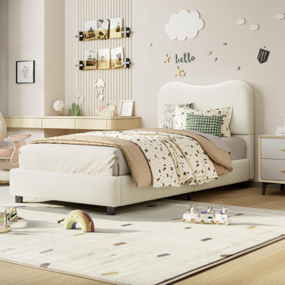 Structure de lit plateforme double, structure de lit simple en métal avec lattes de bois robustes, structure de lit tapissier en tissu Sherpa avec tête de lit, aucun sommier nécessaire, pas de bruit, beige