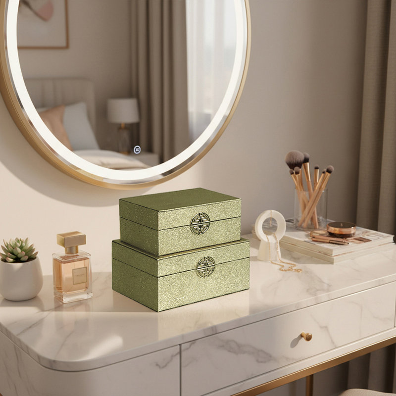 Faux Leather Jewelry Boxes, Modern Design Decoration Storage Boxes Set, Gold