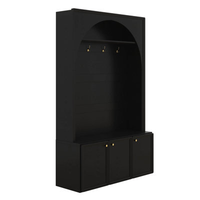 Hall Tree With Adjustable Shelves, Classic Arched Farmhouse Storage Bench With Dual Side Cabinets, Organizer With 7 Hooks