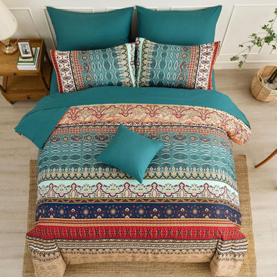 Ensemble d'édredon Boho Floral - lit rayé vert et brun dans un sac, literie toutes saisons en microfibre douce, 8 pièces