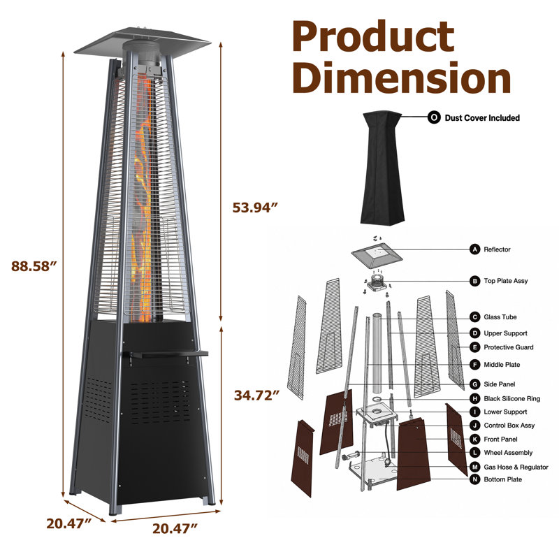 87 Inch Pyramid Patio Heater with Table, Wheels & Cover, 48,000 BTU Propane Outdoor Heater with 360° Glass Flame, Movable Standup Heater for Backyard Deck Poryard Poolside & Outdoor Parties, Black