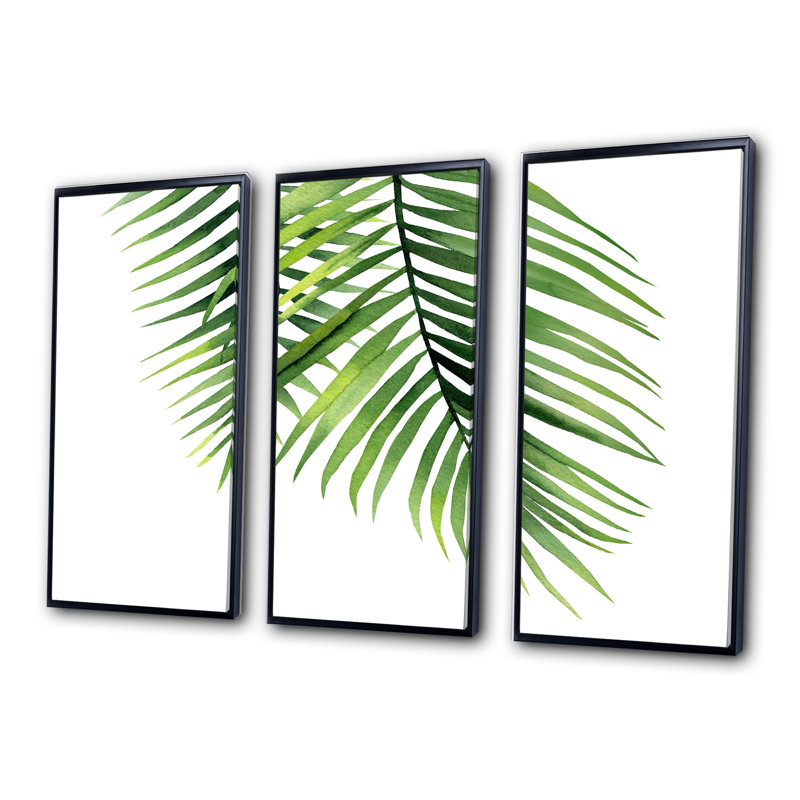 Détail de branches de palmier tropicales - peinture sur toile flottante 3 pièces, Cadre noir, L 36 po x H 28 po