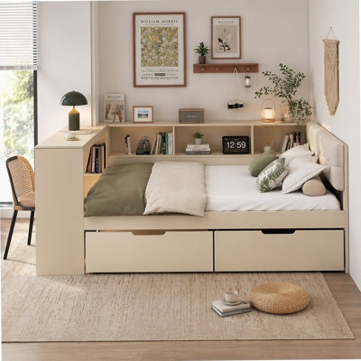 Lit plateforme en bois pleine grandeur avec tablettes de rangement, tiroirs, station de charge et tête de lit tapissier, crème