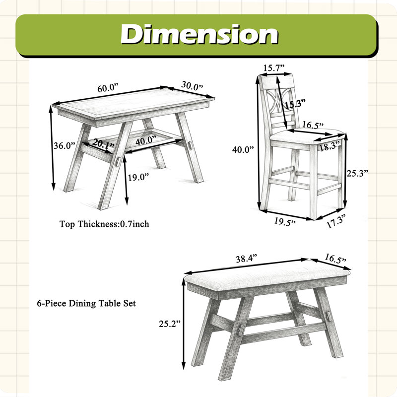 Ensemble de table de salle à manger 6 pièces à hauteur de comptoir en bois avec tablette de rangement, ensemble de table de cuisine avec banc et 4 chaises, style rustique
