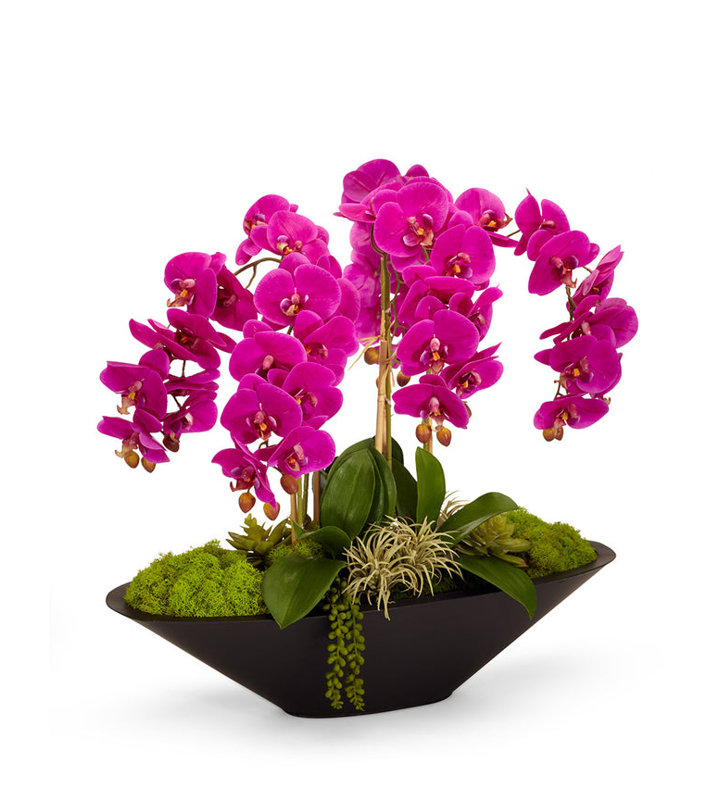 Orchid Floral Arrangement in Metal Planter, Fuschia