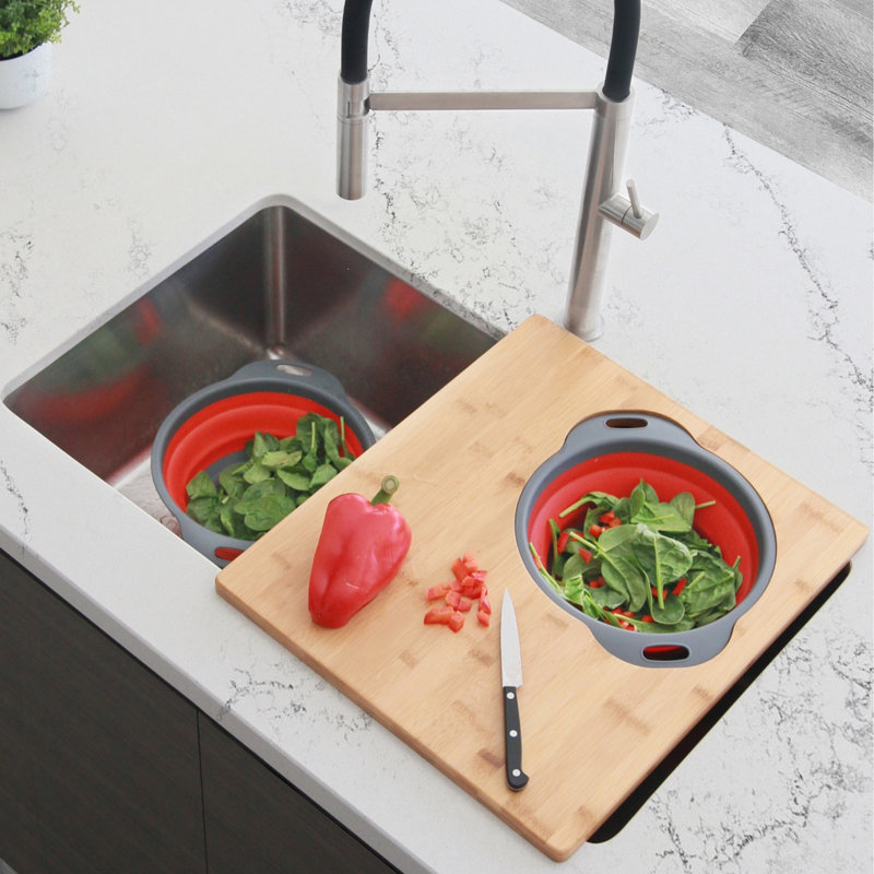 STYLISH Core Bamboo Over the Sink Cutting Board with Collapsible Bowl and Collander