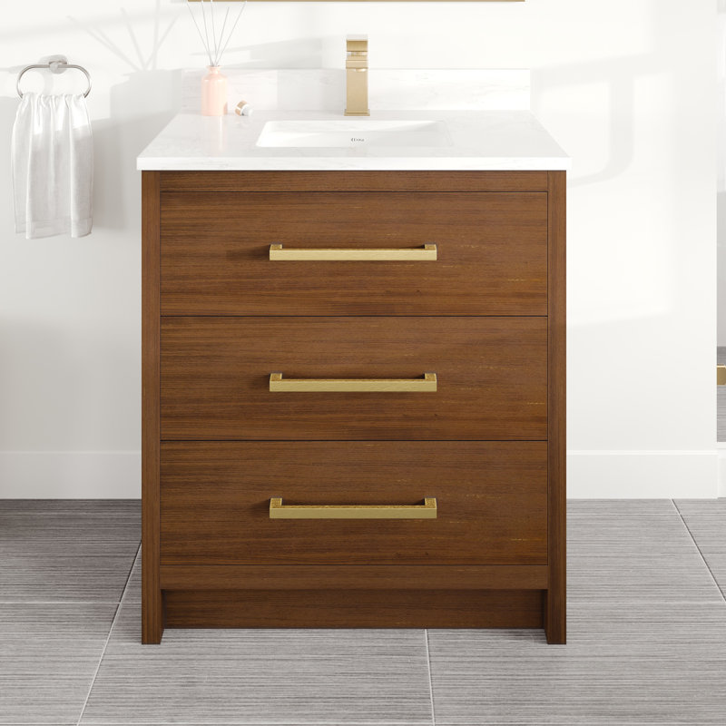 Ilsa 30"W X 18"D Bathroom Vanity With White Carrara Quartz Countertop And Undermount Porcelain Sink, Walnut