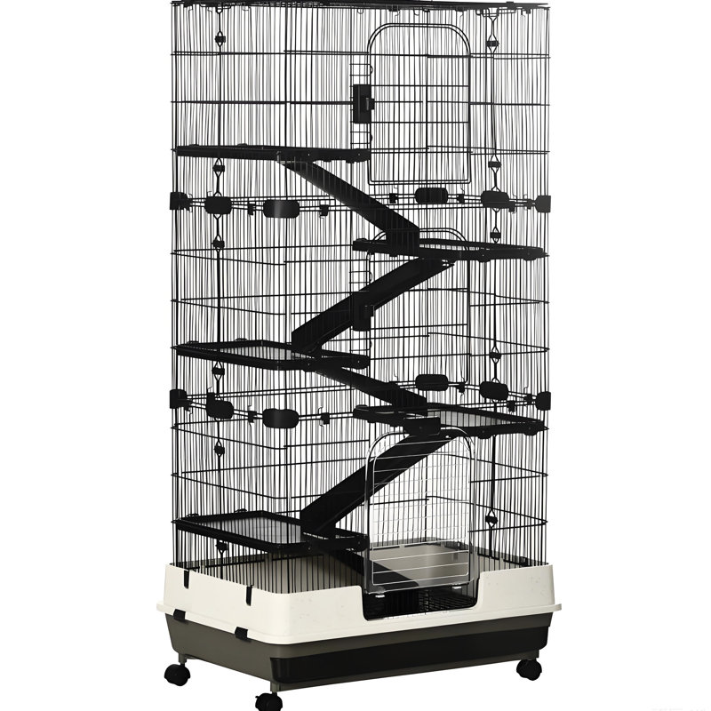 Cage à lapin avec plate-forme et plateaux amovibles, finition thermolaquée robuste, convient aux petits animaux de compagnie comme la base profonde à plusieurs portes de maison de vison, activité de rampe, fil métallique