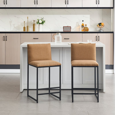 Ensemble de 2 tabourets de bar à hauteur de comptoir, chaises de bar rembourrées en lin, repose-pieds et structure en métal pour la cuisine, la salle à manger