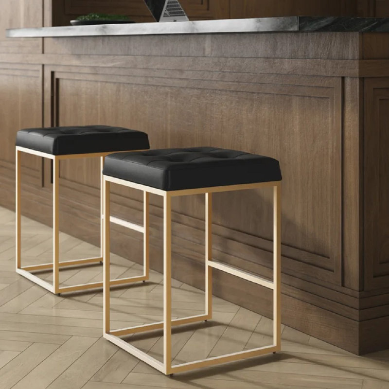      Modern 26" Counter Stool with Brushed Gold Legs – Set of 2 Upholstered Kitchen Island Chairs, Noir