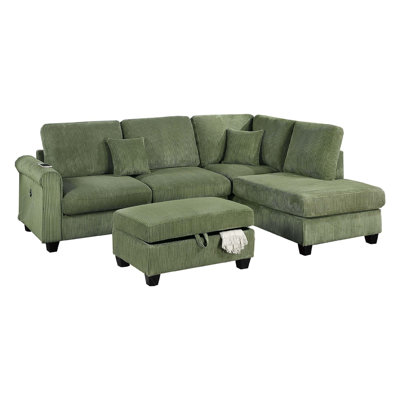 Roe 3Pc Sectional Sofa Set With Chaise, Ottoman, 2 Pillows by Benjara