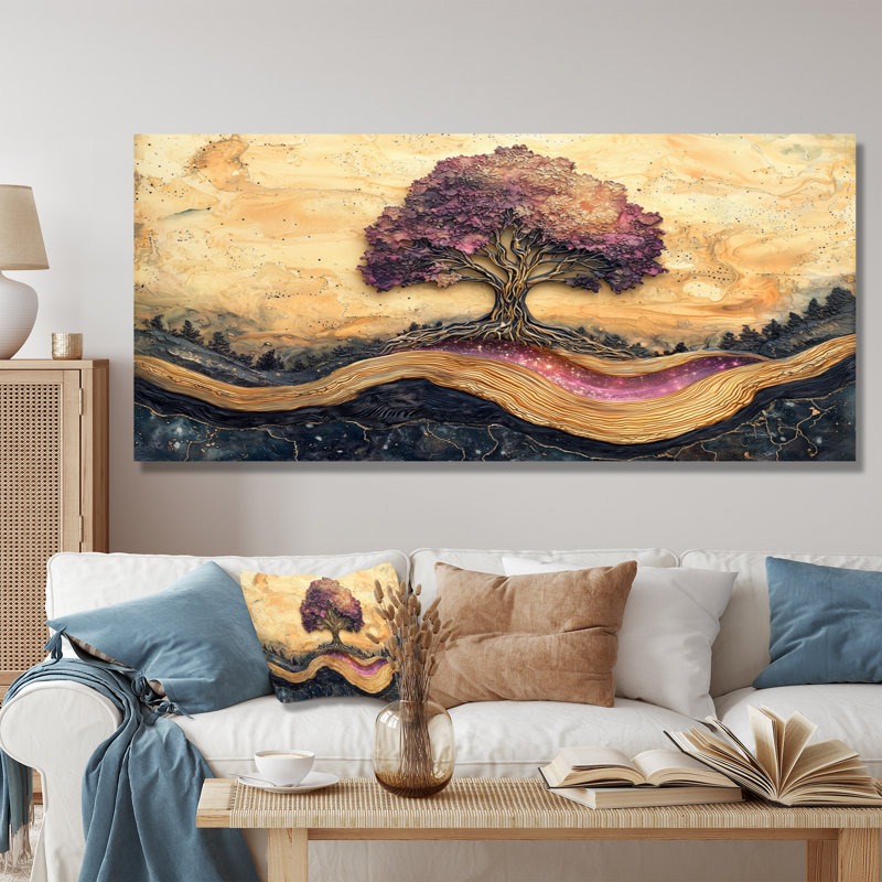 Burgendy Tree Of Life On Stone River I - Tree Of Life Metal Wall Art, Traditional Metal Art Print, 28" H x 60" W