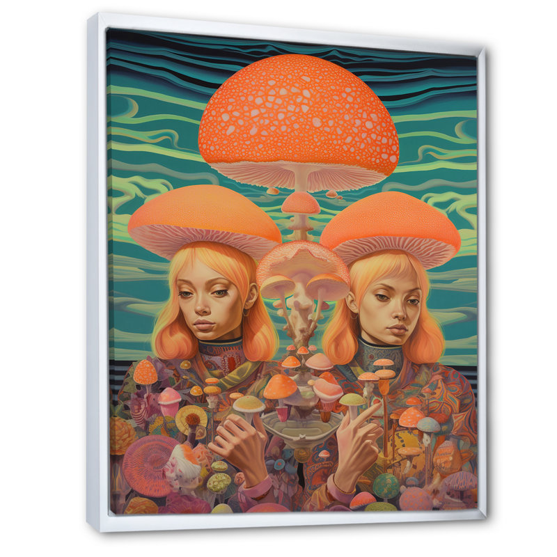 Femme champignon aux couleurs rétro délavées I, H 20 po x l 12 po x P 1 po, Cadre flottant blanc