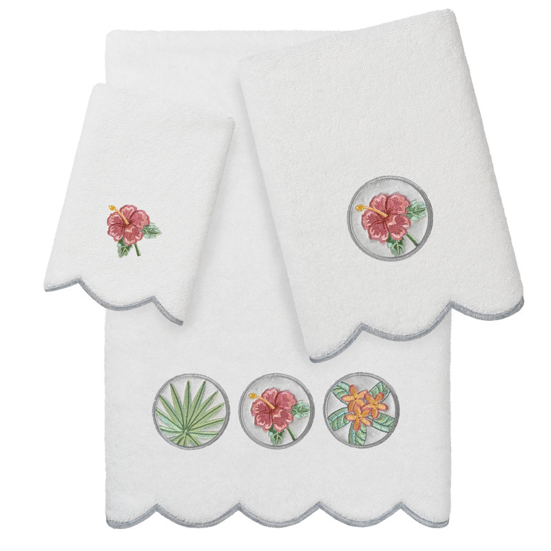  Ensemble de serviettes 100% coton festonné 100% coton MAUI, Blanc / Gris, Ensemble 3 serviettes de bain