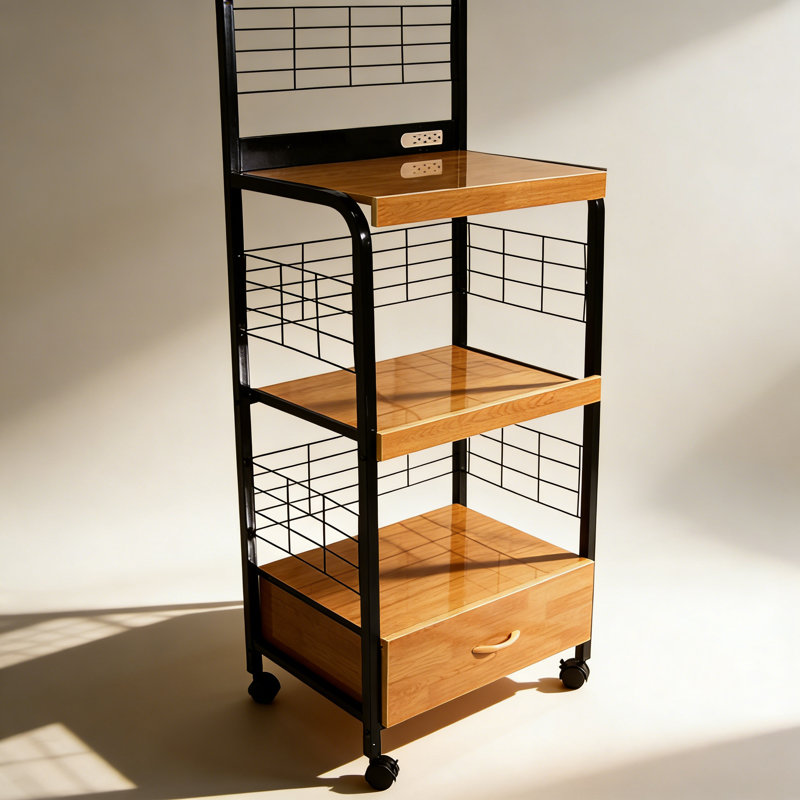 59.5" Tall 3-Tier Microwave Kitchen Cart with Drawer and Outlet, Brown/Black