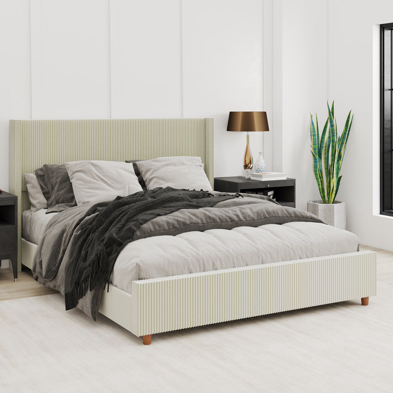 Corduroy Upholstered Platform Bed Frame with Wingback Headboard, Beige, King
