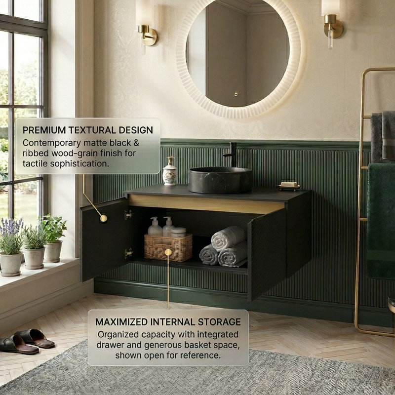 36" Floating Bathroom Vanity With Black Sintered Stone Top, Geometric Twill Doors & Gold Trim, 4 Vessel Sink Options (Black)