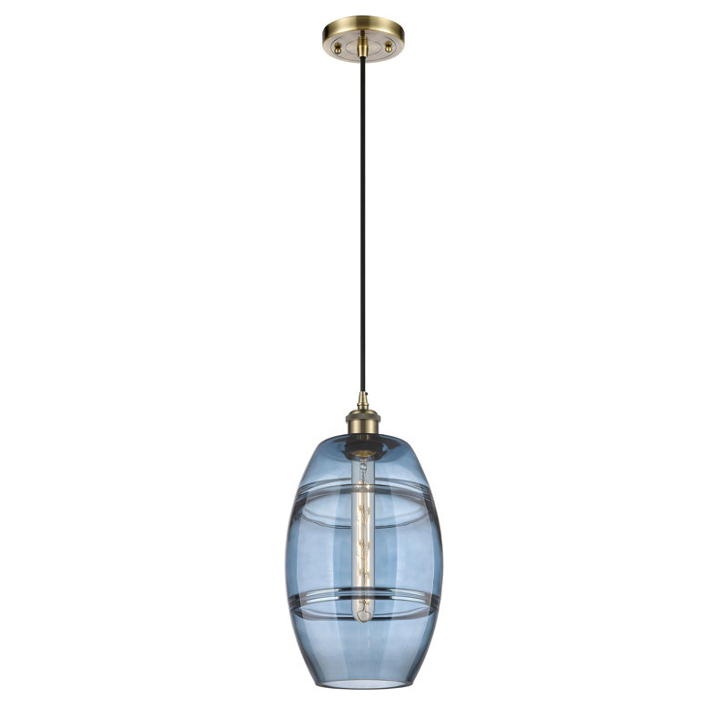 Luminaire suspendu à 1 lumière Ballston Bettylou, Bleu princesse, Laiton antique, H 9,88 po x l 8 po x P 8 po