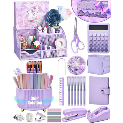 Purple 21 Piece Mesh Desk Organizer Set with Rotating Pen Holder & Gift Box Packed Office Supplies