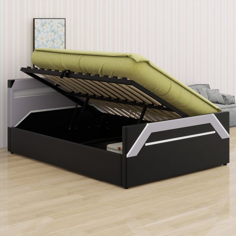 Tête de lit de jeu à 7 couleurs à DEL, lit plateforme hydraulique avec rangement latéral, Black+Grey
