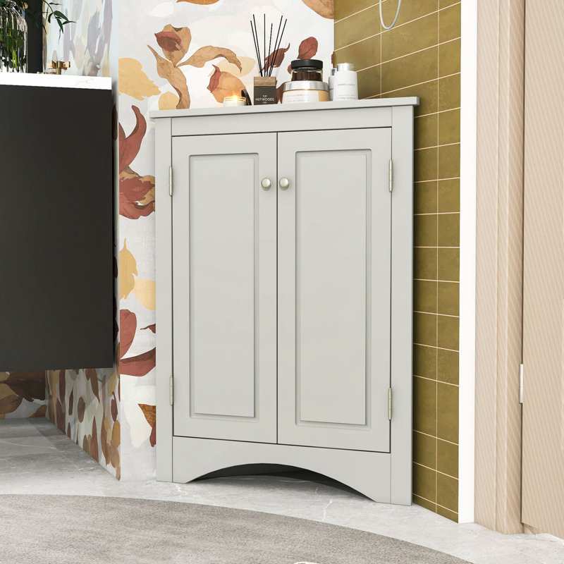 Freestanding Wooden Corner Bathroom Storage Cabinet with Door and Adjustable Shelves, Gray