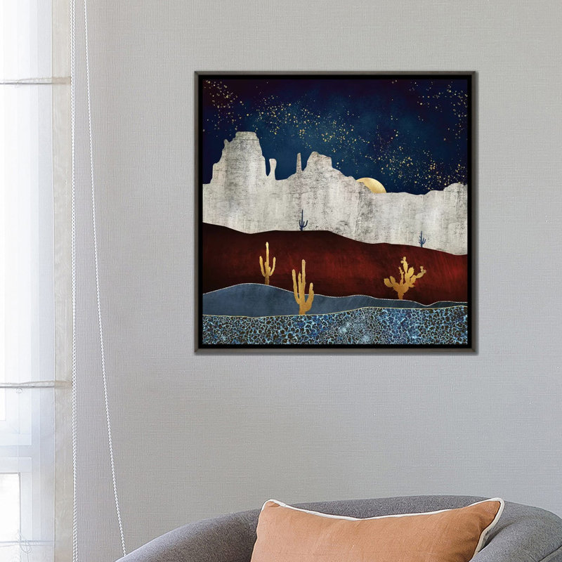 «Moonlit Desert» par Spaceécur Designs - impression, H 26 po x l 26 po x P 1,5 po, Toile encadrée d'or, Pas de tapis
