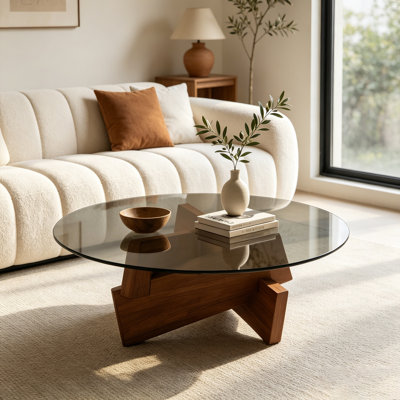 Triangle Abstract Coffee Table, Modern Tea Table With Solid Wood Base—Century Glass Table for Living Room (27.5"×27.5"×12.2")