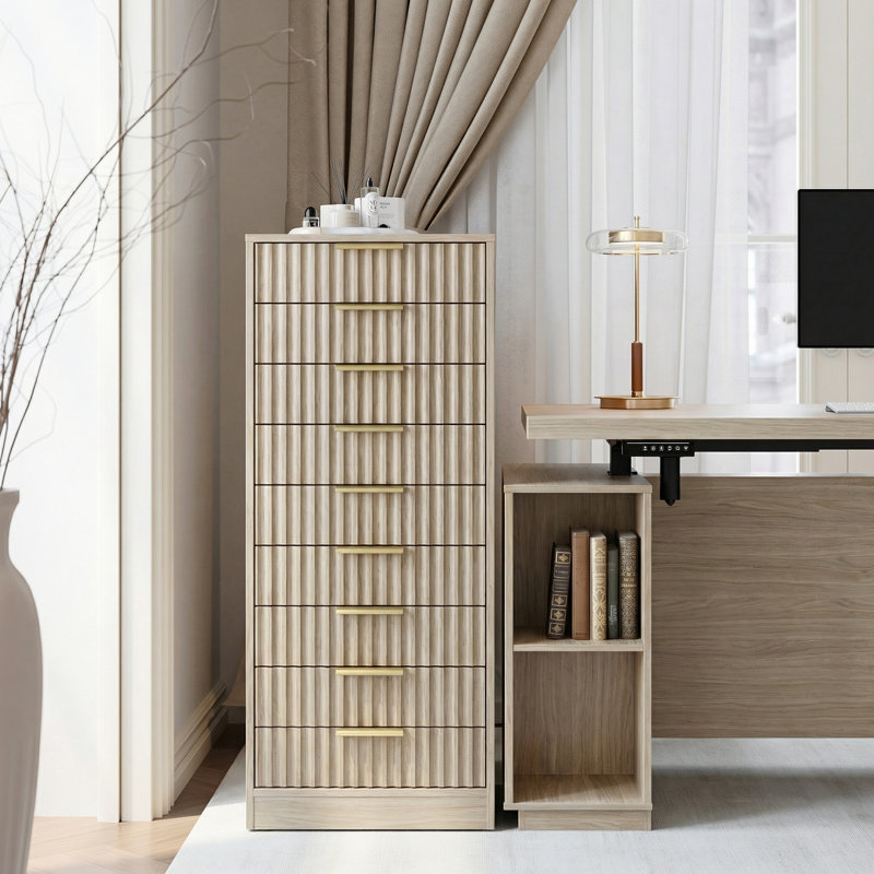 Classeur à 9 tiroirs en bois avec façades de tiroir cannelées, armoire de bureau verticale, Light Walnut